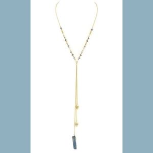 Boho Gold Blue Beaded Y Necklace Quartz Pendant